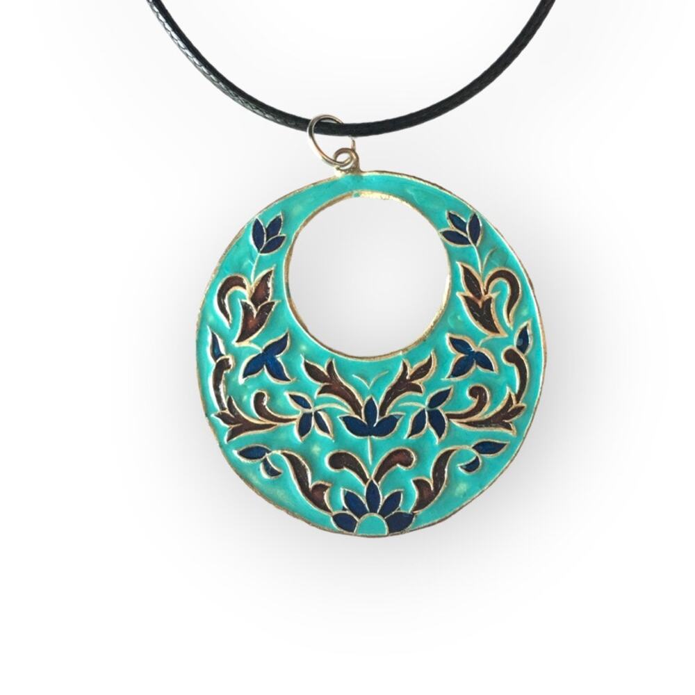 Aqua floral mosaic design pendant necklace